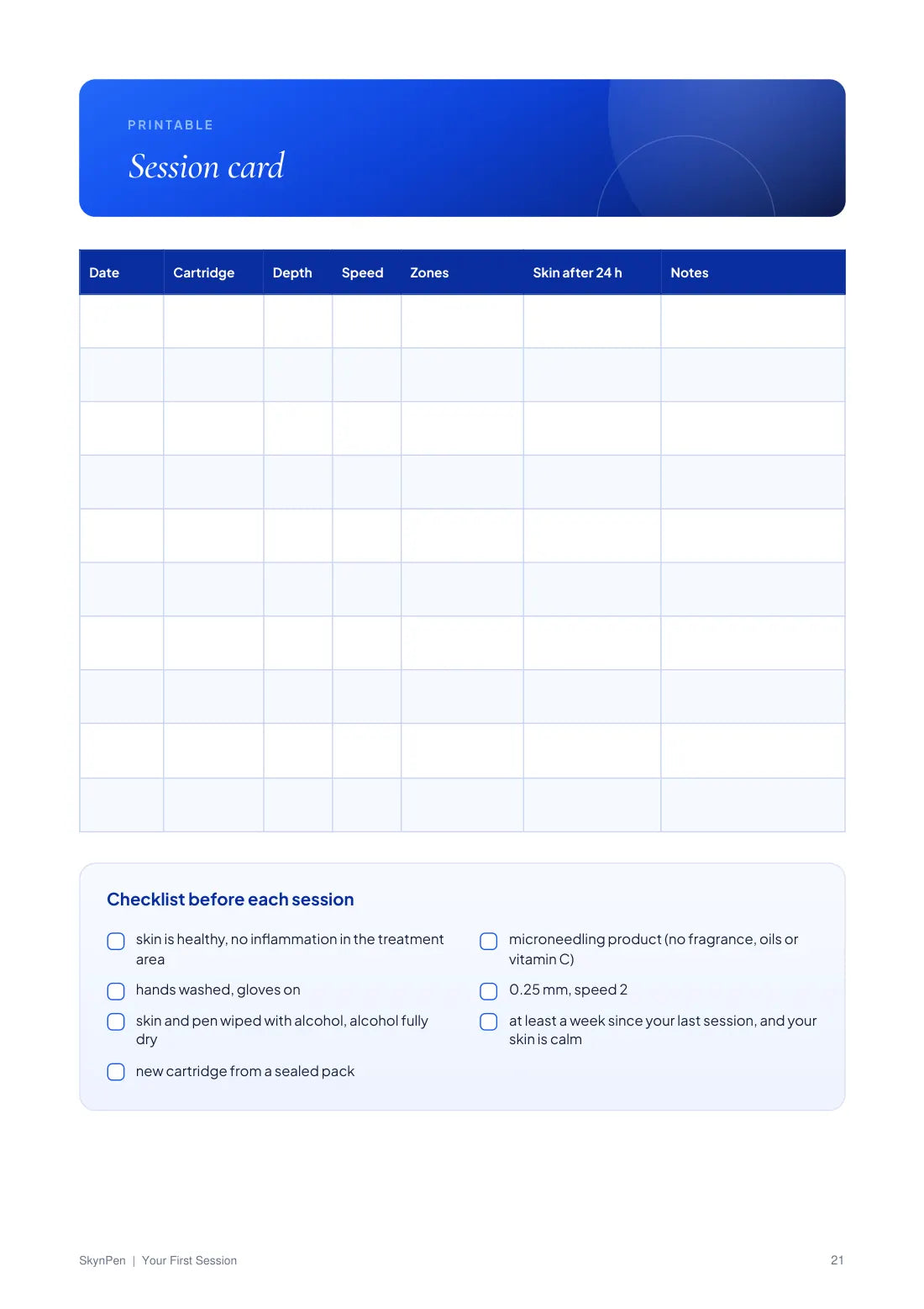 Guide page: printable session card